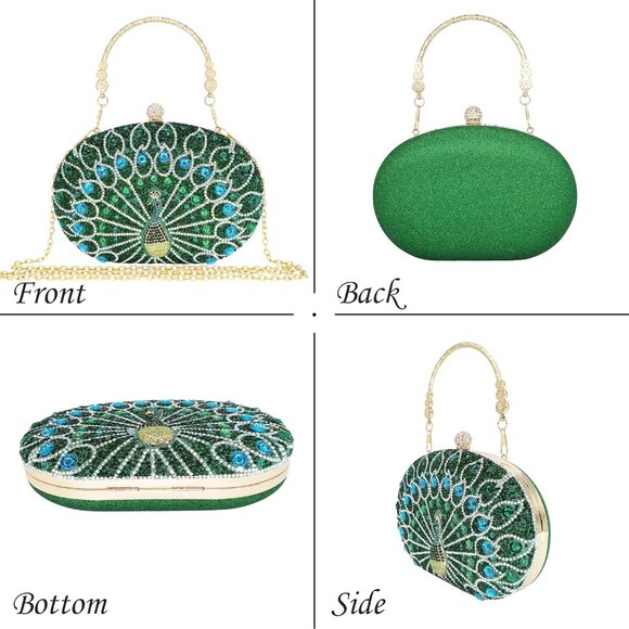 Women's Green Peacock Sparkly Rhinestone Clutch Luxury Diamond Peacock Handbag - Picture 6 of 7